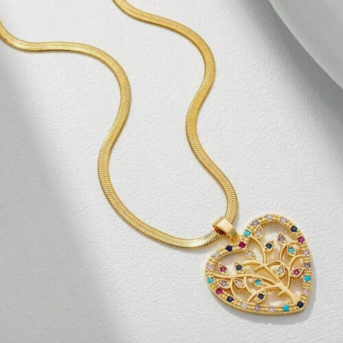 Collar de cadena plana de acero inoxidable con diseño de árbol de la vida