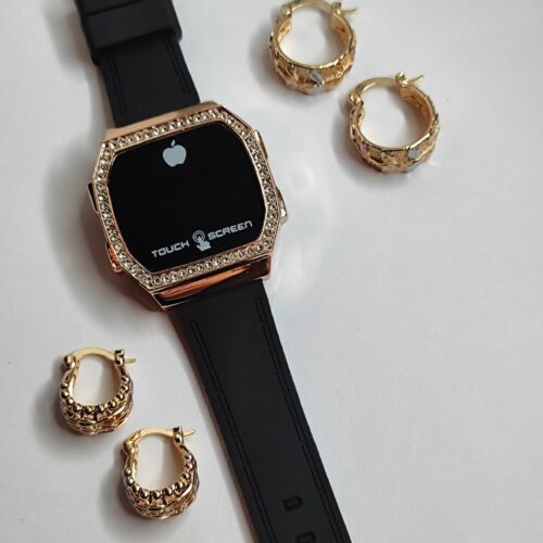 Set 1 Reloj con Circonias brillantes touch y 2 pares de aretes en oro laminado