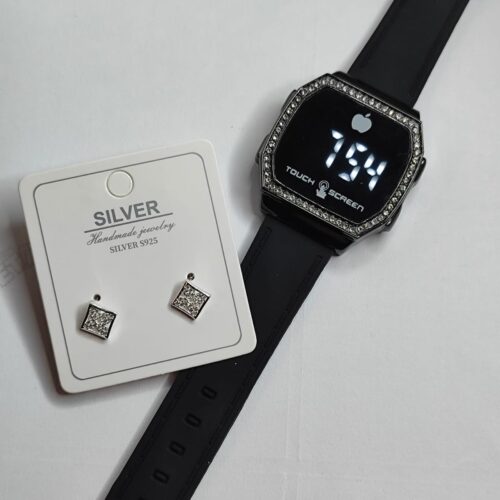 Set 1 Reloj con Circonias brillantes touch y 1 arete de plata 925 con circonias