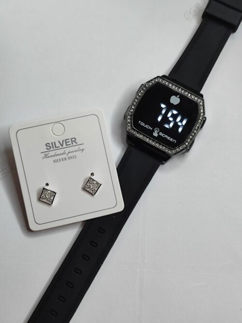 Set 1 Reloj con Circonias brillantes touch y 1 arete de plata 925 con circonias
