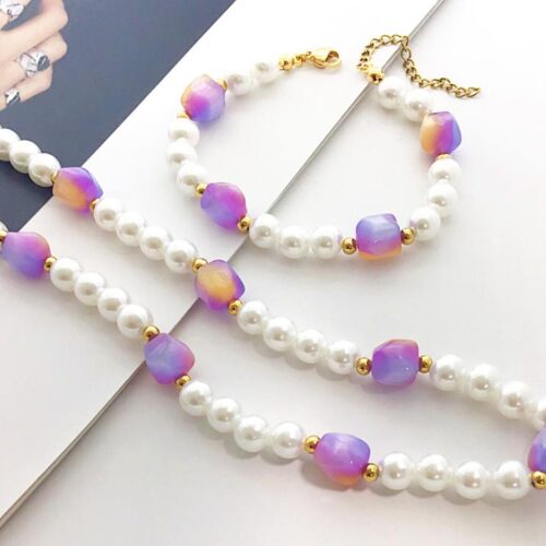 Collar y Pulsera Shine Acero dorado Perlas y piedras