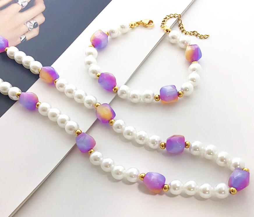 Collar y Pulsera Shine Acero dorado Perlas y piedras