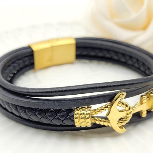 Pulsera Ancla & Cuero Dorada